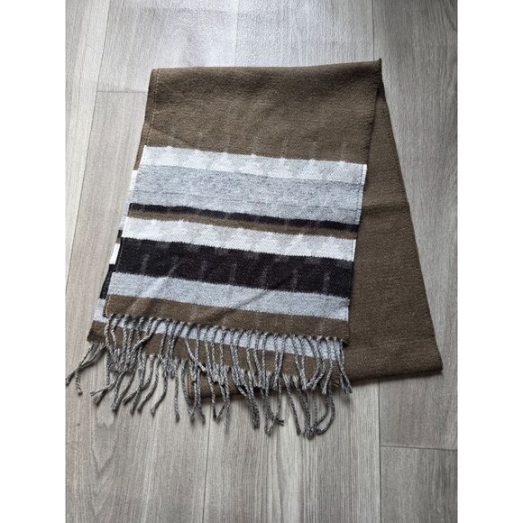 Guillaume De Mons Paris Brown Gray Striped Wool Scarf Shawl  Fringe 62"x12" - Picture 1 of 5